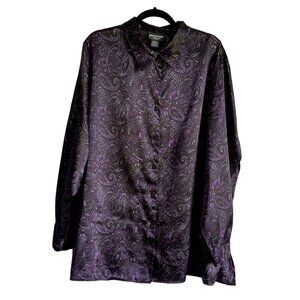 Notations Womans Paisley Button-Up Shirt 2X Satiny Plus Size Blouse Purple